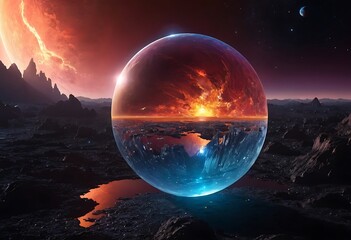 Wall Mural - a planet with a surface made entirely of giant, reflective crystals, reflecting the light from nearb