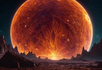 Wall Mural - a planet with a surface made entirely of giant, reflective crystals, reflecting the light from nearb