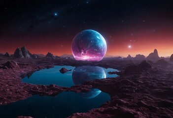 Wall Mural - a planet with a surface made entirely of giant, reflective crystals, reflecting the light from nearb