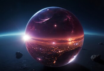 Wall Mural - a planet with a surface made entirely of giant, reflective crystals, reflecting the light from nearb