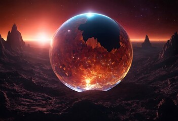 Wall Mural - a planet with a surface made entirely of giant, reflective crystals, reflecting the light from nearb
