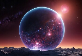 Wall Mural - a planet with a surface made entirely of giant, reflective crystals, reflecting the light from nearb
