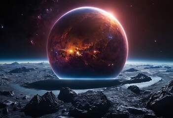 Wall Mural - a planet with a surface made entirely of giant, reflective crystals, reflecting the light from nearb