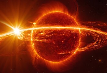 Wall Mural - a sun emitting a massive solar flare, with tendrils of plasma reaching out into space, illuminating 
