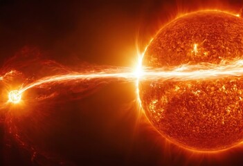 Wall Mural - a sun emitting a massive solar flare, with tendrils of plasma reaching out into space, illuminating 