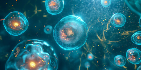 Poster - Microscopic view of cells dividing and multiplying in blue science background