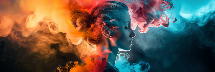 Poster - Woman posing with colorful smoke effect in studio lighting