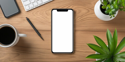 Poster - Smartphone showing white screen on minimalist desk with coffee and plants