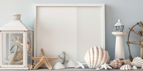 Poster - White empty frame mockup standing on shelf with nautical decoration