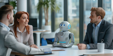 Poster - Business people having meeting with ai robot taking place at table in modern office