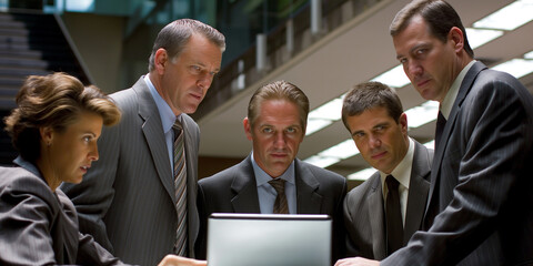 Poster - Business team having serious discussion around laptop in office building