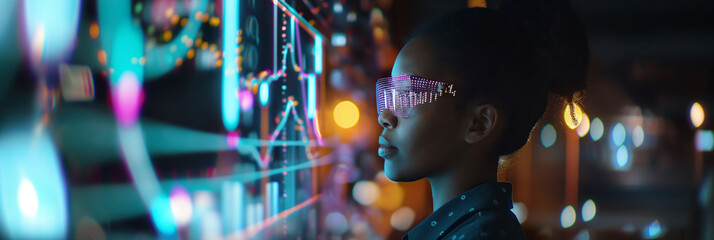 Leinwandbilder - Young woman data analyst wearing neon glasses working with digital interface with big data visualizations