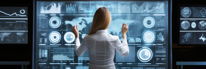 Leinwandbilder - Businesswoman working with big data on futuristic digital interface