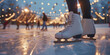 © Andres Mejia - Woman wearing ice skates standing on ice rink surface at night