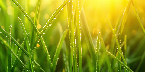 Poster - Green grass sparkling with fresh morning dew drops