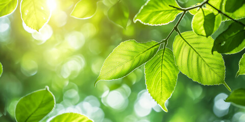 Aufkleber - Sunlight shining through fresh green leaves on a branch