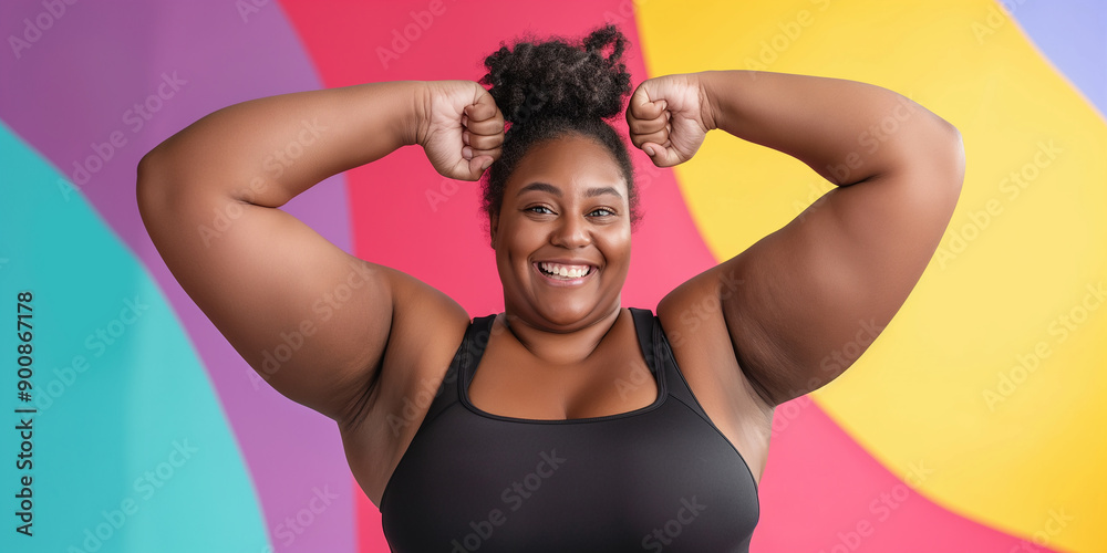 Curvy woman smiling showing muscles celebrating body positivity Stock ...