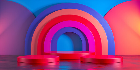 Poster - Three red cylindrical pedestals overlaying a colorful rainbow shape background for product placement
