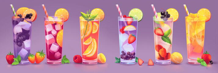 Poster - Refreshing summer cocktails with straws, ice cubes and fresh fruits are waiting on the bar counter