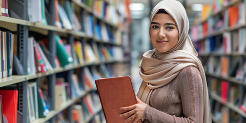 Poster - Portrait of a smiling student in library holding a book