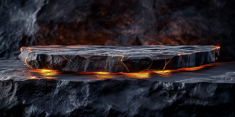 Poster - Empty stone podium glowing with lava cracks on dark rock background