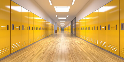 Poster - Empty school hallway with yellow lockers perspective view