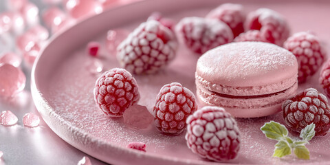 Poster - Pink macaron is presented on a plate with frozen raspberries