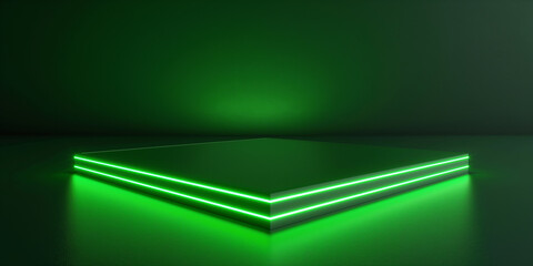 Poster - Empty green pedestal with glowing neon light reflecting on the floor