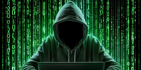 Leinwandbilder - Hacker is using a laptop with binary code raining down in the background