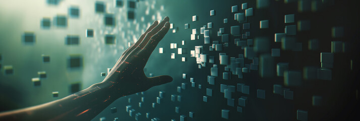 Aufkleber - Person interacting with digital data through touching floating cubes