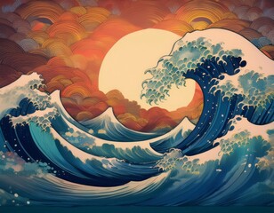 Great wave in ocean with sunset as Japanese style illustration. Generated image