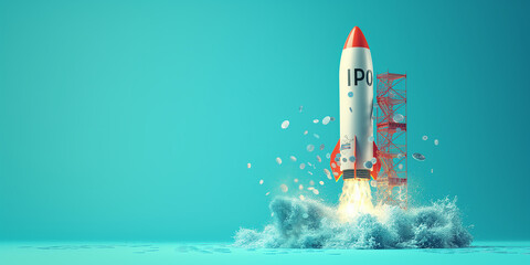 Poster - Ipo rocket launching into space with scaffolding and coins flying around