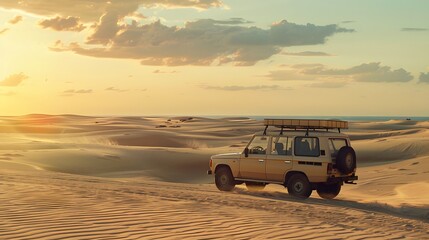 Vintage open top 4x4 SUV in the desert in Dubai, United Arab Emirates. 