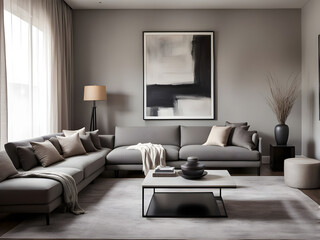 Stylish interior of living room with grey sofa and chest of drawers