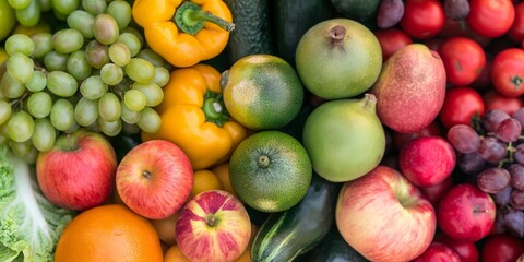 Wall Mural - A colorful display of fresh fruits like grapes, apples, and pears arranged beautifully presenting a vibrant selection.