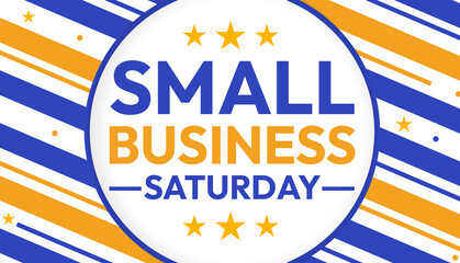 Small Business Saturday background design with blue and yellow stripes along typography inside circle