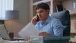 © stockbusters - Dissatisfied ceo talking cell discussing contract closeup. Nervous man arguing