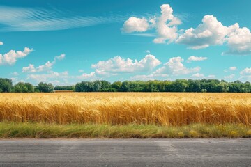 Wall Mural - A field of golden wheat with a clear blue sky in the background. The sky is dotted with clouds, giving the scene a peaceful and serene atmosphere