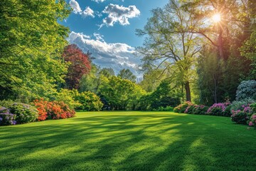 Wall Mural - a lush green field with a bright blue sky and a few trees. the sun is shining brightly, casting a wa