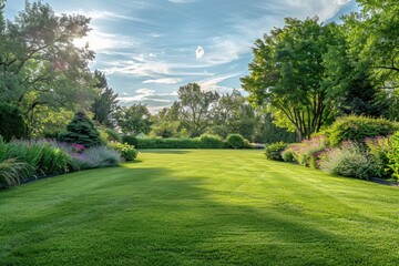 Wall Mural - a large, lush green field with a few trees in the background. the sky is clear and blue, and the sun