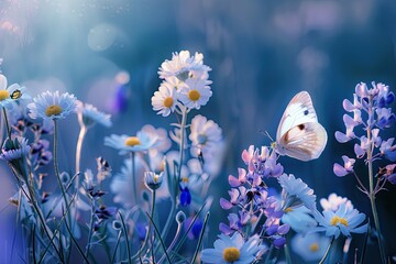 Wall Mural - a butterfly is flying over a field of flowers. the flowers are blue and white, and the butterfly is 
