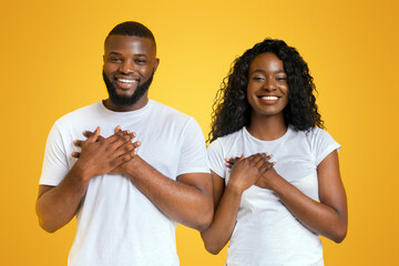 Wall Mural - Thankful Black Couple Holding Their Palms Over Hearts, expressing gratitude, free space, panorama