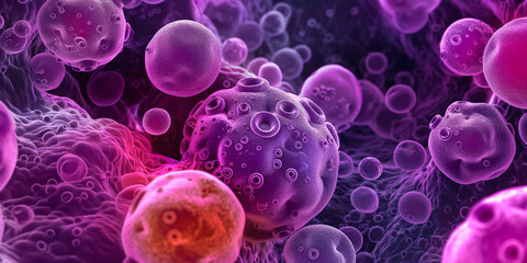 Poster - Microscopic view of cells mutating and multiplying in purple and pink