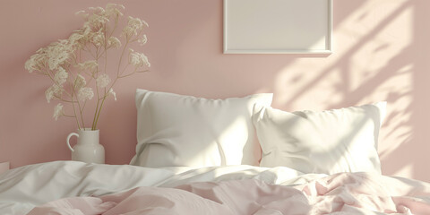 Poster - Sunlight illuminating a bedroom with pink walls and a made bed