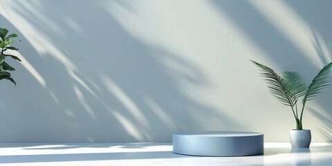 Aufkleber - Empty blue podium displaying minimal style interior with plants casting shadows