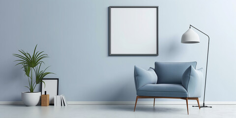 Aufkleber - Modern blue living room with sofa, plant and empty frames showing blue wall