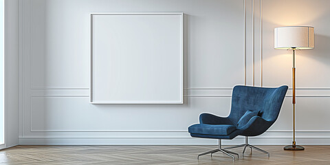 Poster - Modern living room interior with blue armchair and empty frame mockup