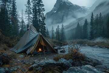 Wall Mural - A tent is set up in the woods next to a river. The tent is made of canvas and is pitched on a rocky ground. The scene is peaceful and serene, with the sound of the river