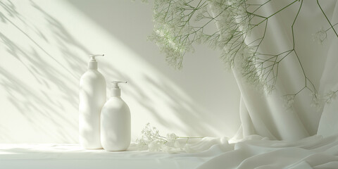 Poster - Two white cosmetic pump bottles standing on white table with gypsophila and fabric
