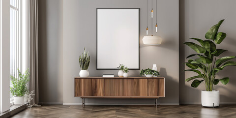 Poster - Modern living room with vertical frame mockup hanging above wooden cabinet with plants